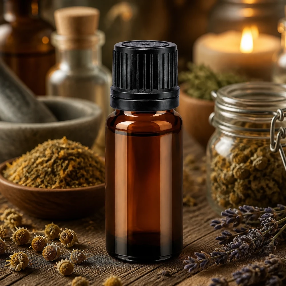 Flacon brun de 10 ml en verre d'apothicaire avec un bouchon OV noir, parmi des herbes séchées