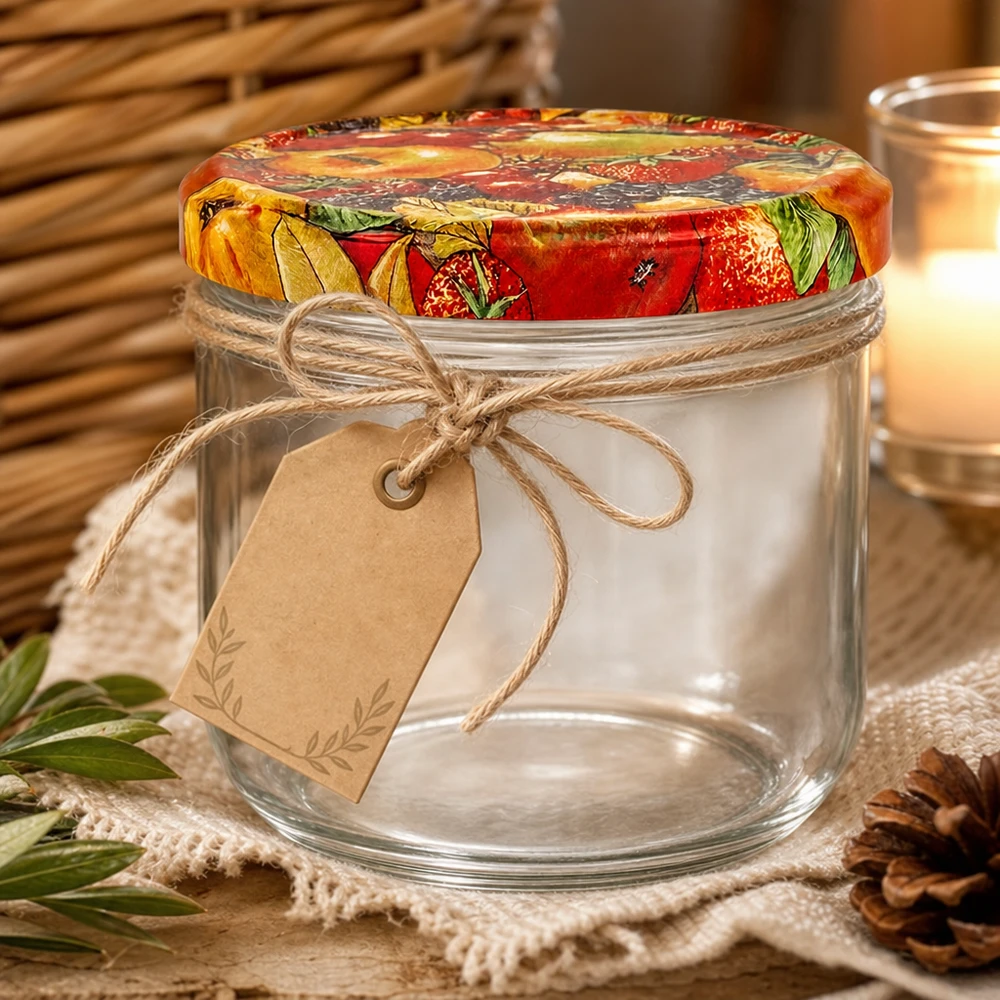 260ml Verre conique avec couvercle BasicSeal décor fruits UNiTWIST 260ml Sturzglas mit Obst-Dekor Deckel und rustikaler Geschenkverpackung mit Juteschnur und Anhänger
