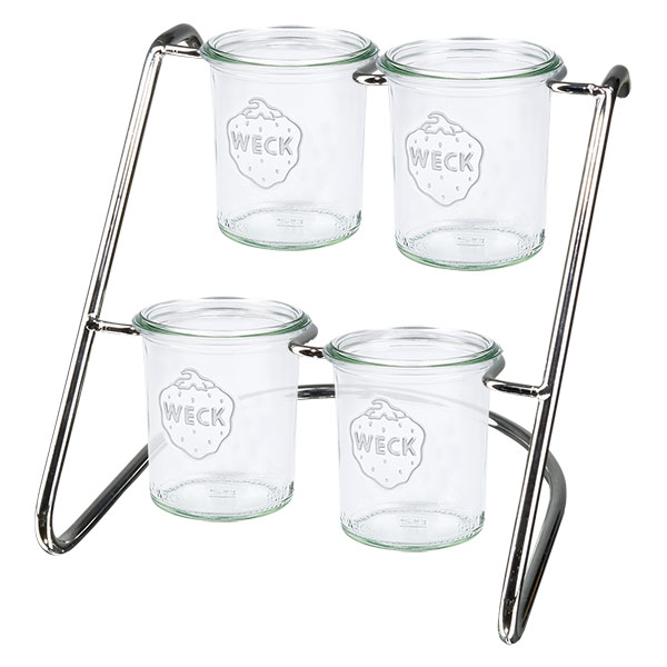 Support de service moderne avec 4 bocaux WECK dans un cadre métallique - rangement pratique et présentation élégante