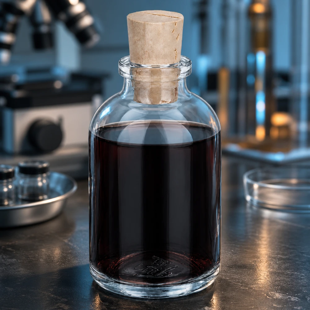Borosilikatglasflasche 50ml mit Korkstopfen im professionellen Laborumfeld mit Mikroskop