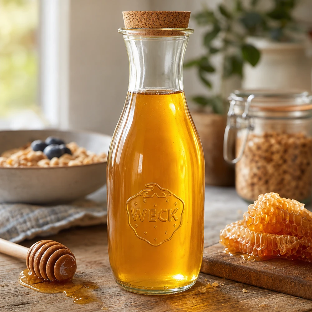 WECK Bouteille de jus 1062ml remplie de miel doré, bouchon naturel et miel en nid d'abeille dans une scène de cuisine conviviale