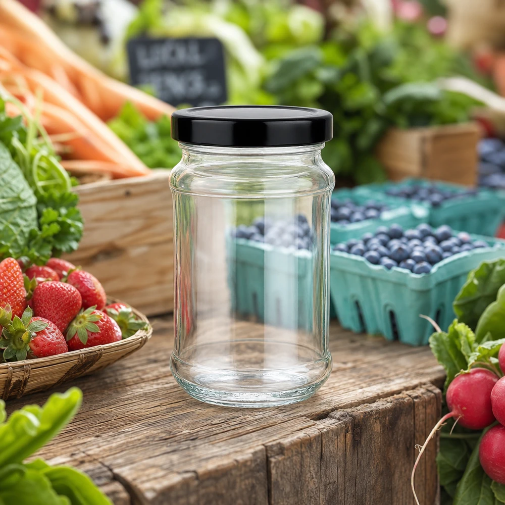 Verre rond de 390 ml avec couvercle BasicSeal noir sur une table en bois parmi les fruits et légumes frais du marché