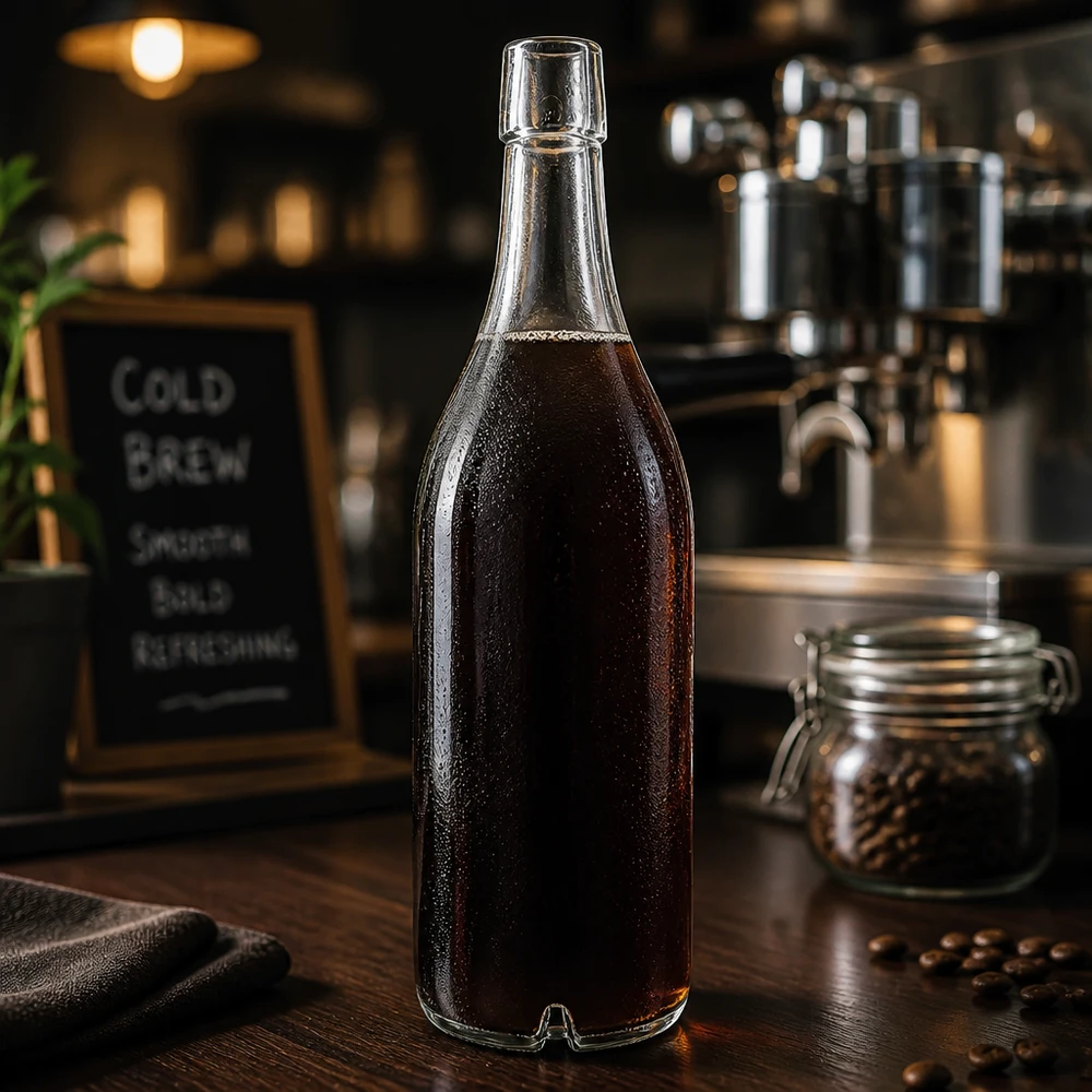 Bouteille en verre 1000ml UNiTWIST remplie de Cold Brew Coffee Grains de café Atmosphère Café Bouchon à vis foncé
