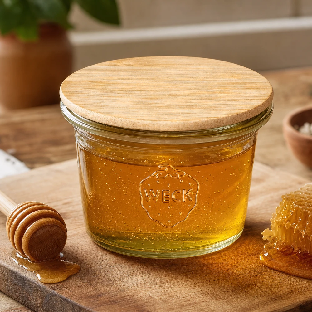Mini bocal en verre renversé de 35 ml WECK RR40 avec couvercle en bois WECK RR40 Pot renversé 35 ml avec couvercle en bois de bambou rempli de miel à côté de la cuillère à miel et du rayon de miel sur fond en bois