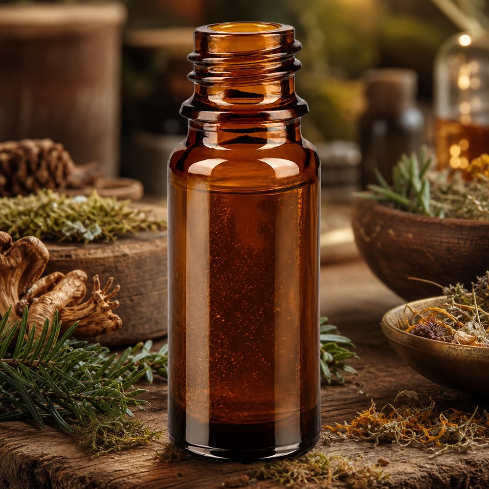 Flacon compte-gouttes 10 ml DIN18 - verre brun Bouteille de pharmacie brune de 10ml ApoGlas avec des pommes de pin et des conifères pour des remèdes naturels et des teintures