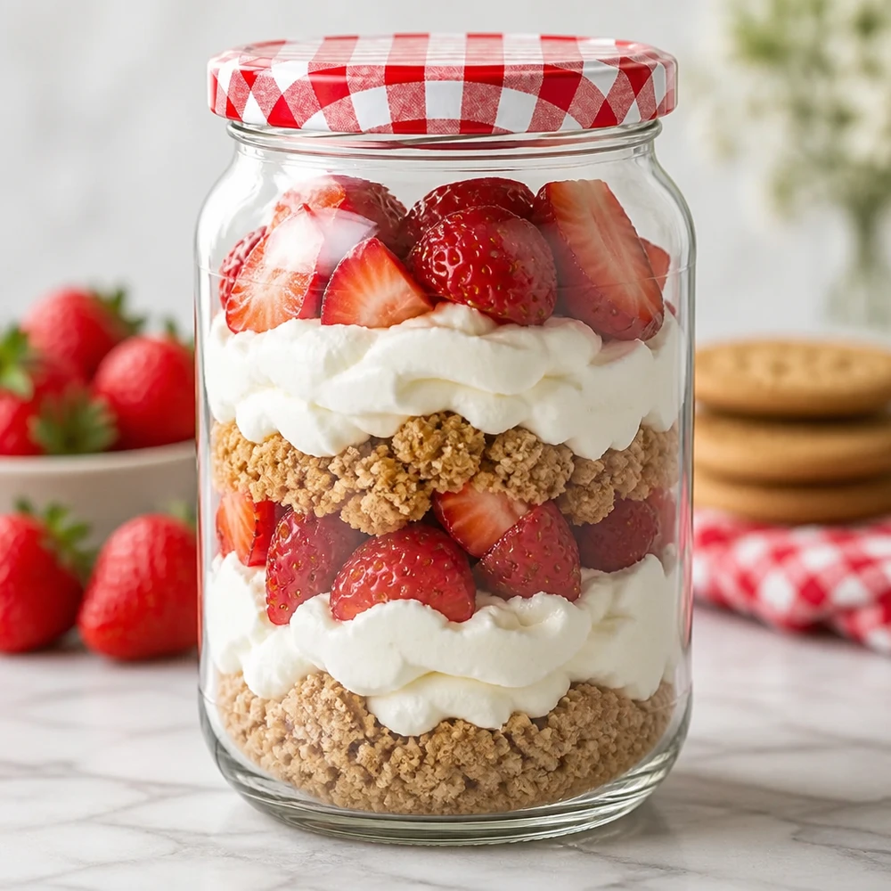 1062ml Verre rond avec couvercle BasicSeal rouge/blanc UNiTWIST 1062ml Verre rond BasicSeal Couvercle Verre à dessert Stratifié Fraises Crème Fond de Biscuit Trifle