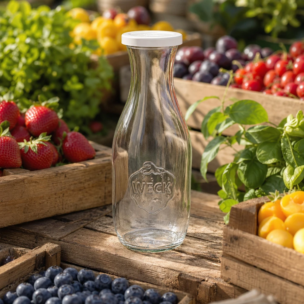 Bouteille à jus de 1 062 ml avec couvercle fraîcheur WECK RR60 WECK Bouteille de jus 1062ml vide avec logo entre des fruits colorés sur des caisses en bois dans un environnement de jardin naturel