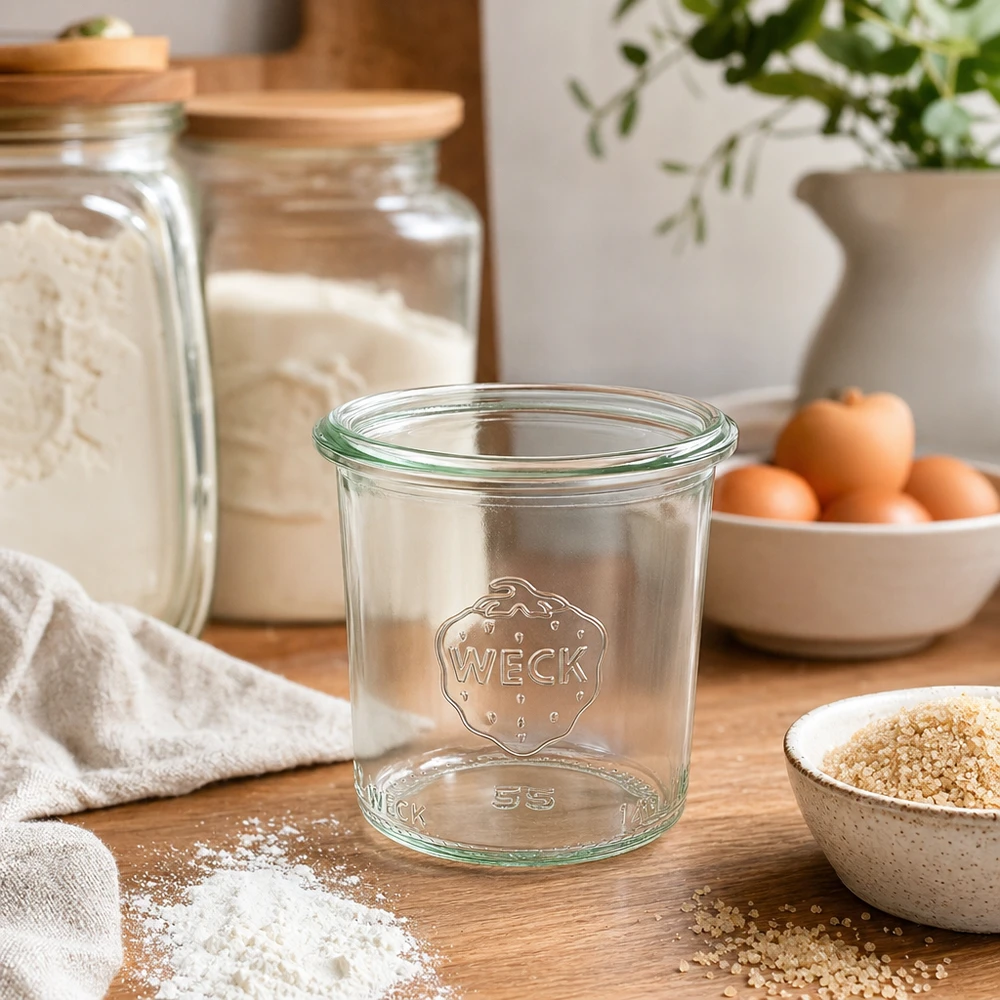 140ml WECK Pot renversé RR60 Pot de conservation avec logo sur table en bois dans une cuisine moderne avec des bocaux à provisions et des ingrédients