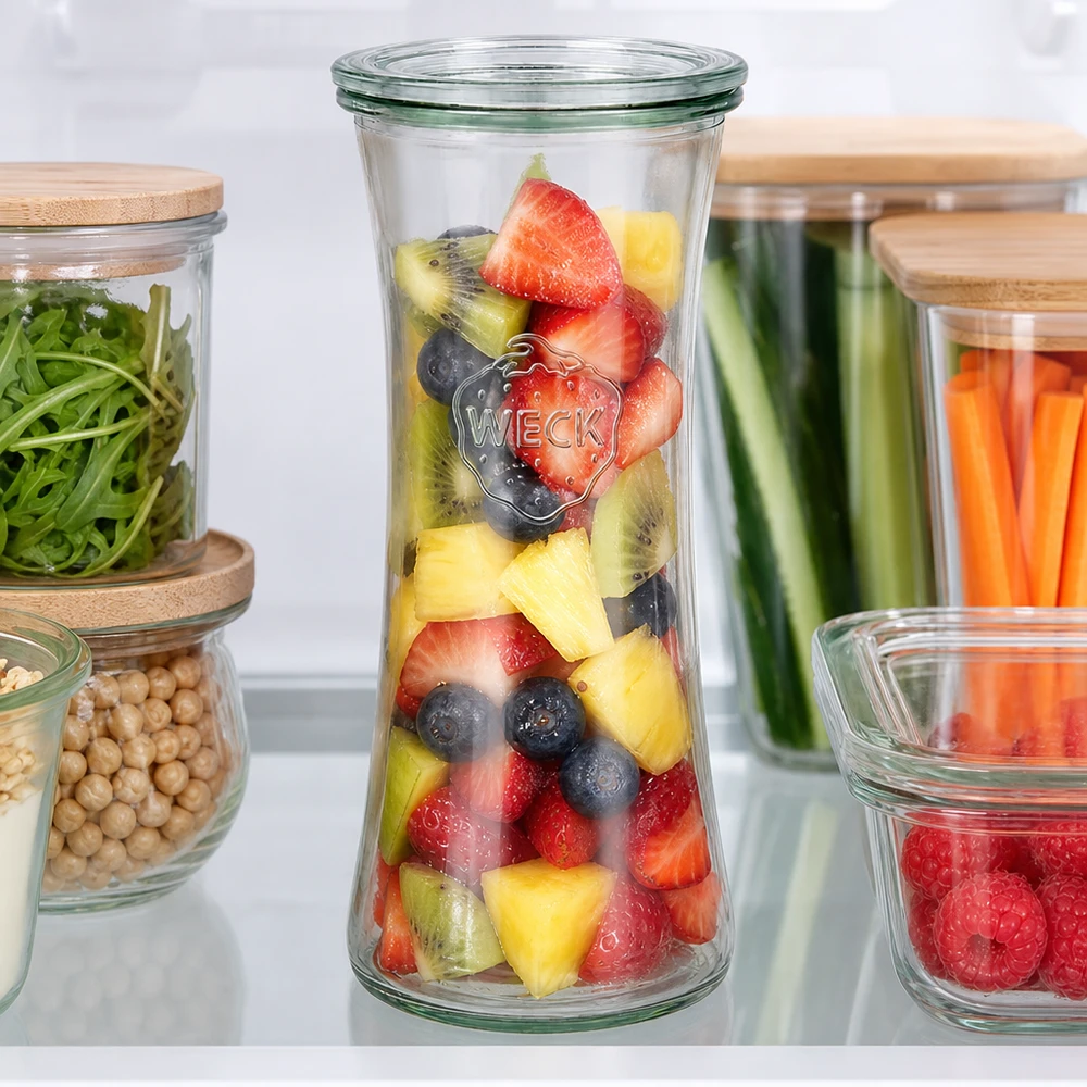 700ml bocal à gourmandises avec bouchon en verre WECK RR80 WECK Delikatessenglas 700ml RR80 mit buntem Obstsalat im Kühlschrank - perfekte Vorratshaltung für frische Früchte
