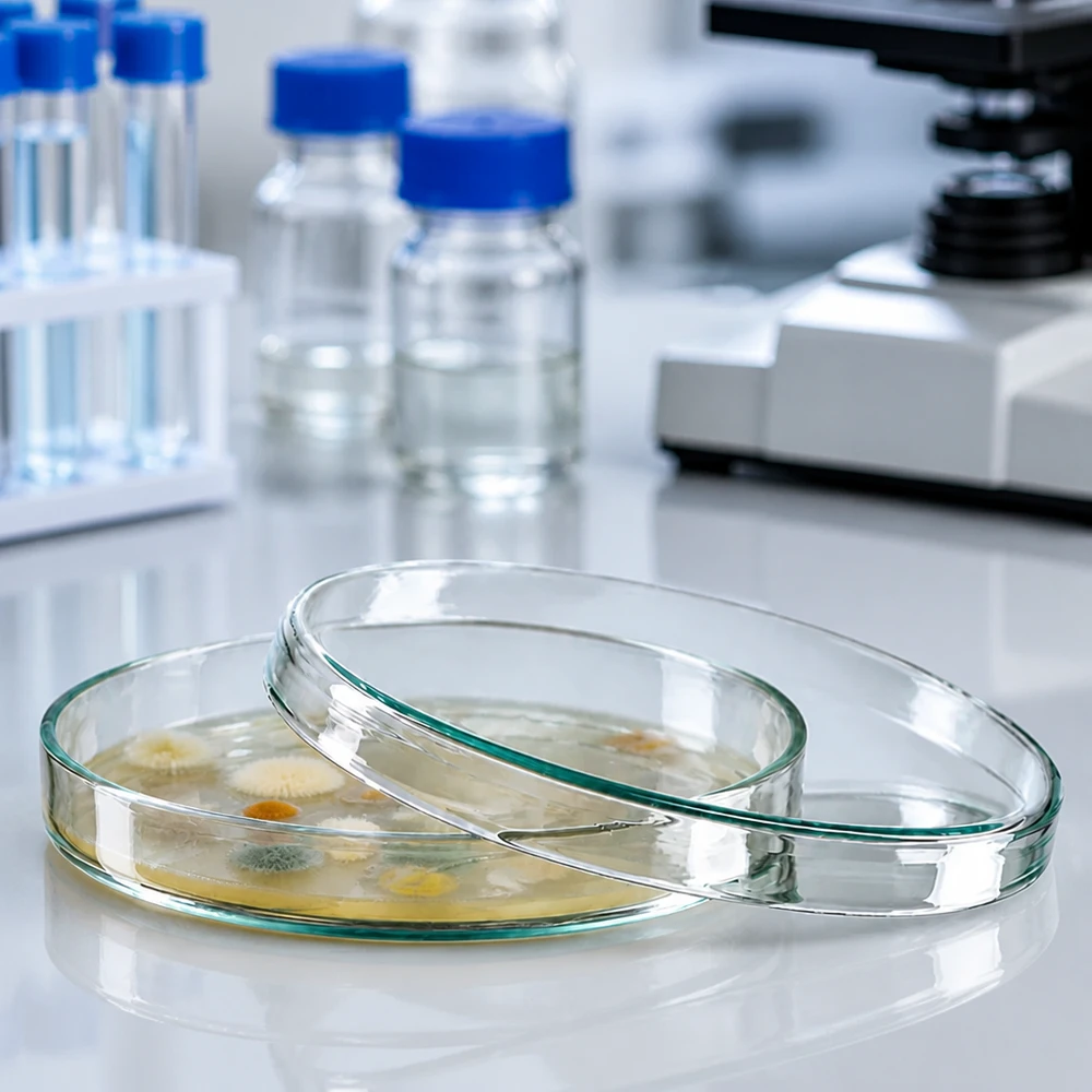 Boîte de Petri en verre 100 x 15 mm Boîtes de Pétri en verre de 100 x 15 mm contenant des cultures bactériennes dans un laboratoire de microbiologie