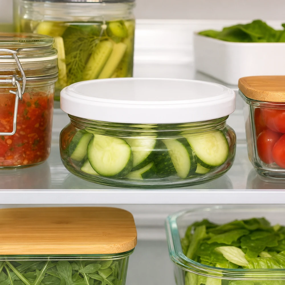 Pot à terrine de 120 ml avec couvercle blanc rempli de tranches de concombre dans le réfrigérateur à côté des légumes marinés et des conserves