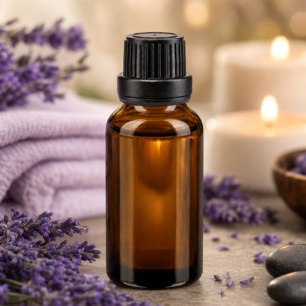Flacon en verre brun de 20 ml avec bouchon de sécurité enfant noir, destiné à l'aromathérapie et au bien-être