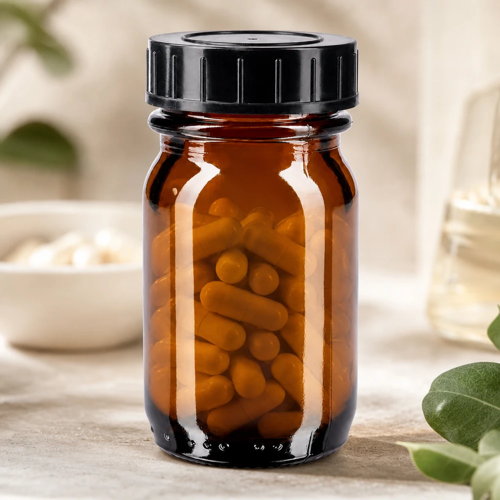 Bocal à col large en verre ambré 30 ml + couvercle à vis Petit flacon en verre brun de 30 ml à large ouverture, idéal pour les pilules et les compléments alimentaires.