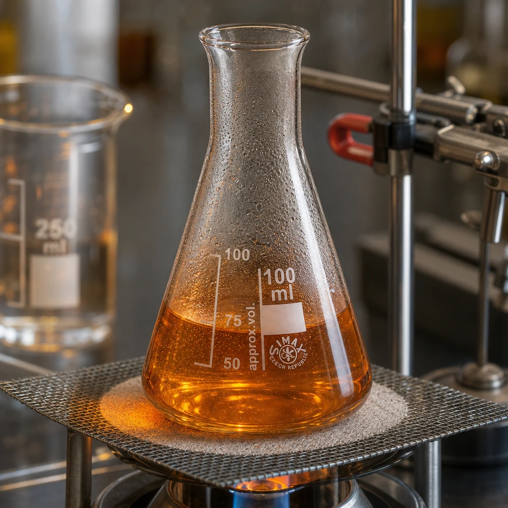 Erlenmeyer 100ml col étroit avec liquide ambré pour chimie analytique et synthèse