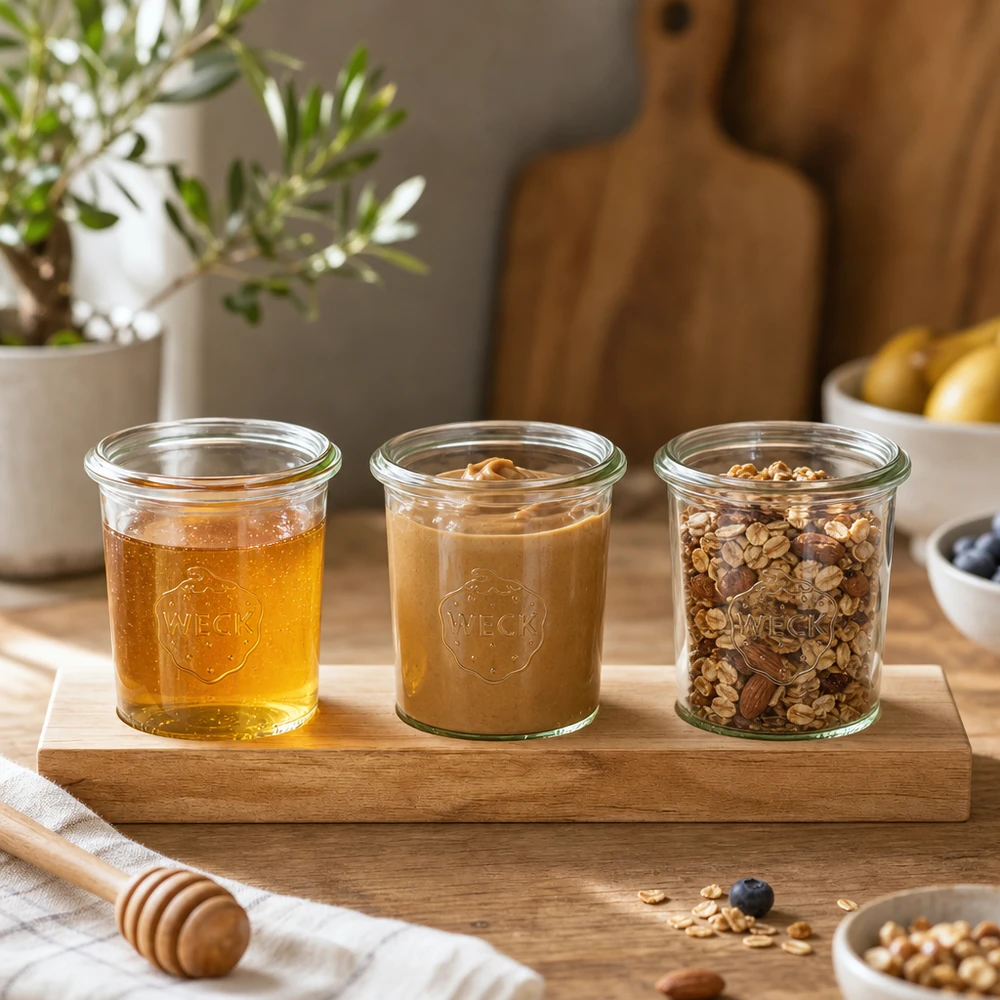 Plateau de service Plano3 avec 3 bocaux Weck de 160 ml Planche à servir en bois avec des pots Weck 160ml remplis de miel, de beurre de noix et de céréales dans une cuisine moderne