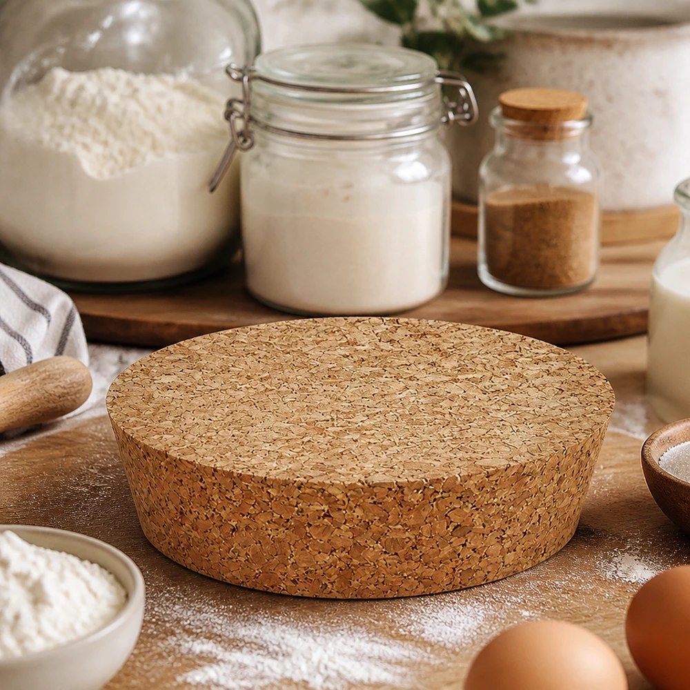 Bouchon pour ouverture 75mm WECK RR80 (ø72/82, H=20mm) WECK RR80 bouchon liège naturel rond sur comptoir de pâtisserie avec farine œufs ingrédients de cuisson décoration de cuisine rustique naturel
