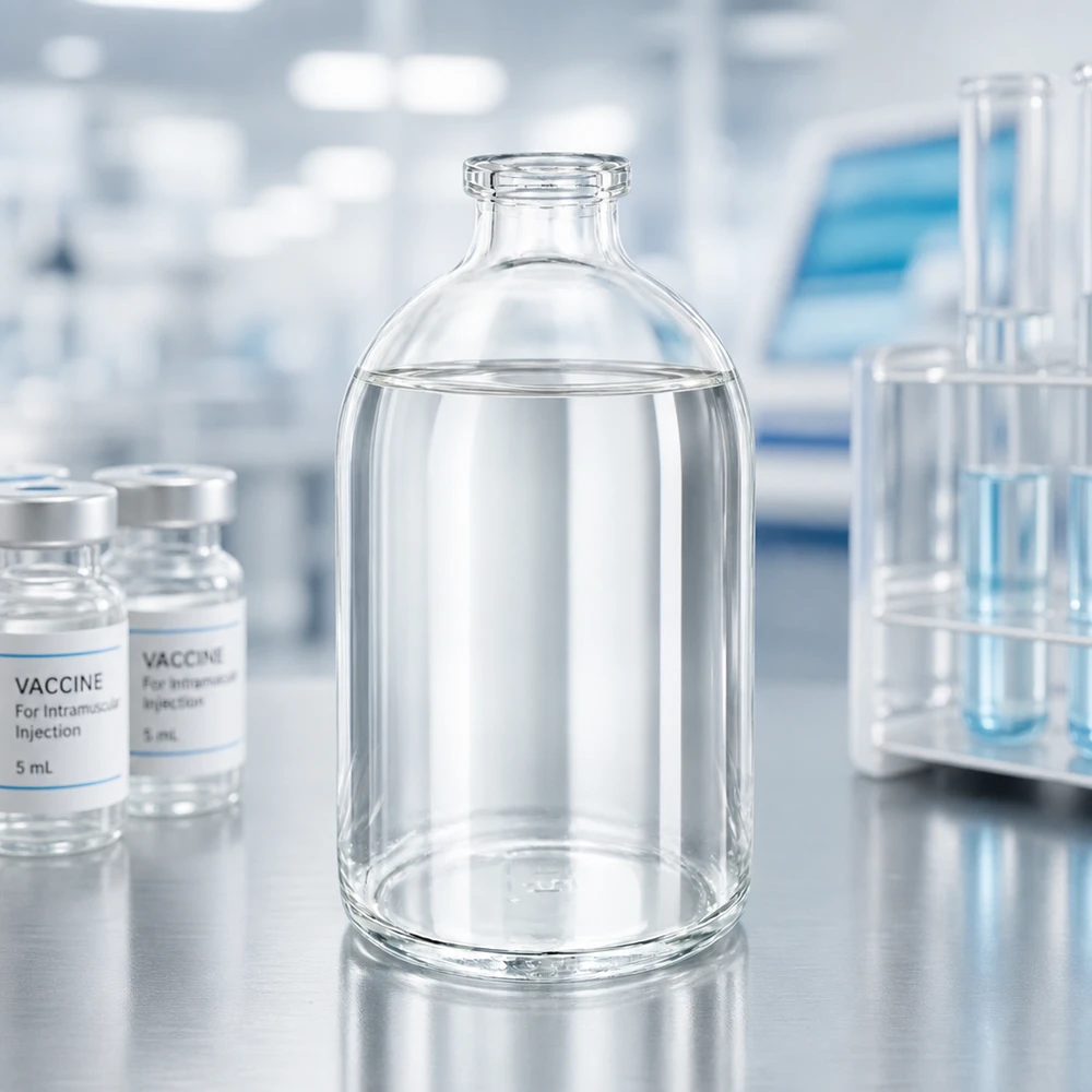 Flacon pour solution injectable, 100 ml en verre clair Laborgerechte Glasflasche 100ml für Injektionslösungen mit hoher chemischer Beständigkeit