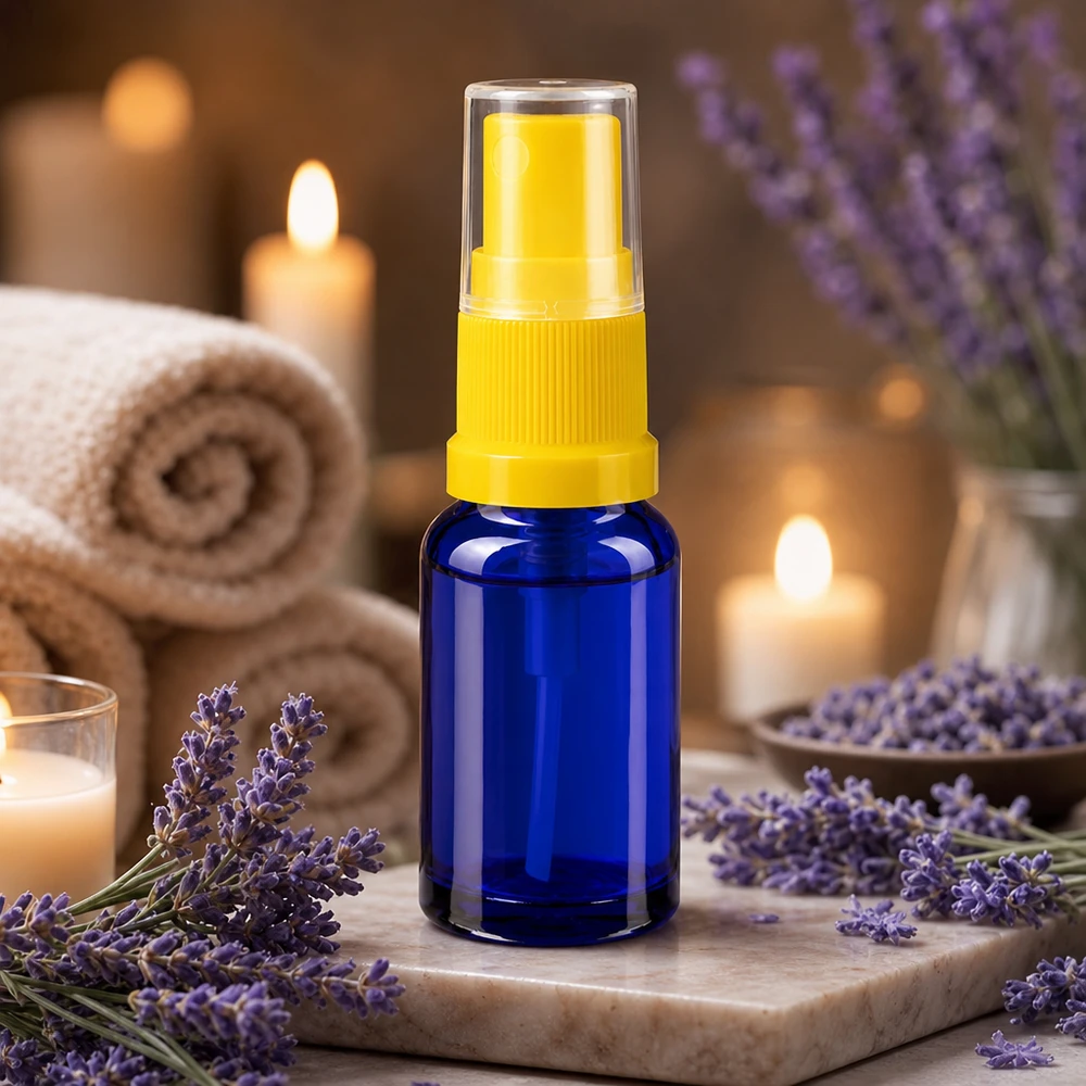 Flacon de pharmacie bleu de 10 ml muni d'un vaporisateur jaune, entre des fleurs de lavande et des bougies