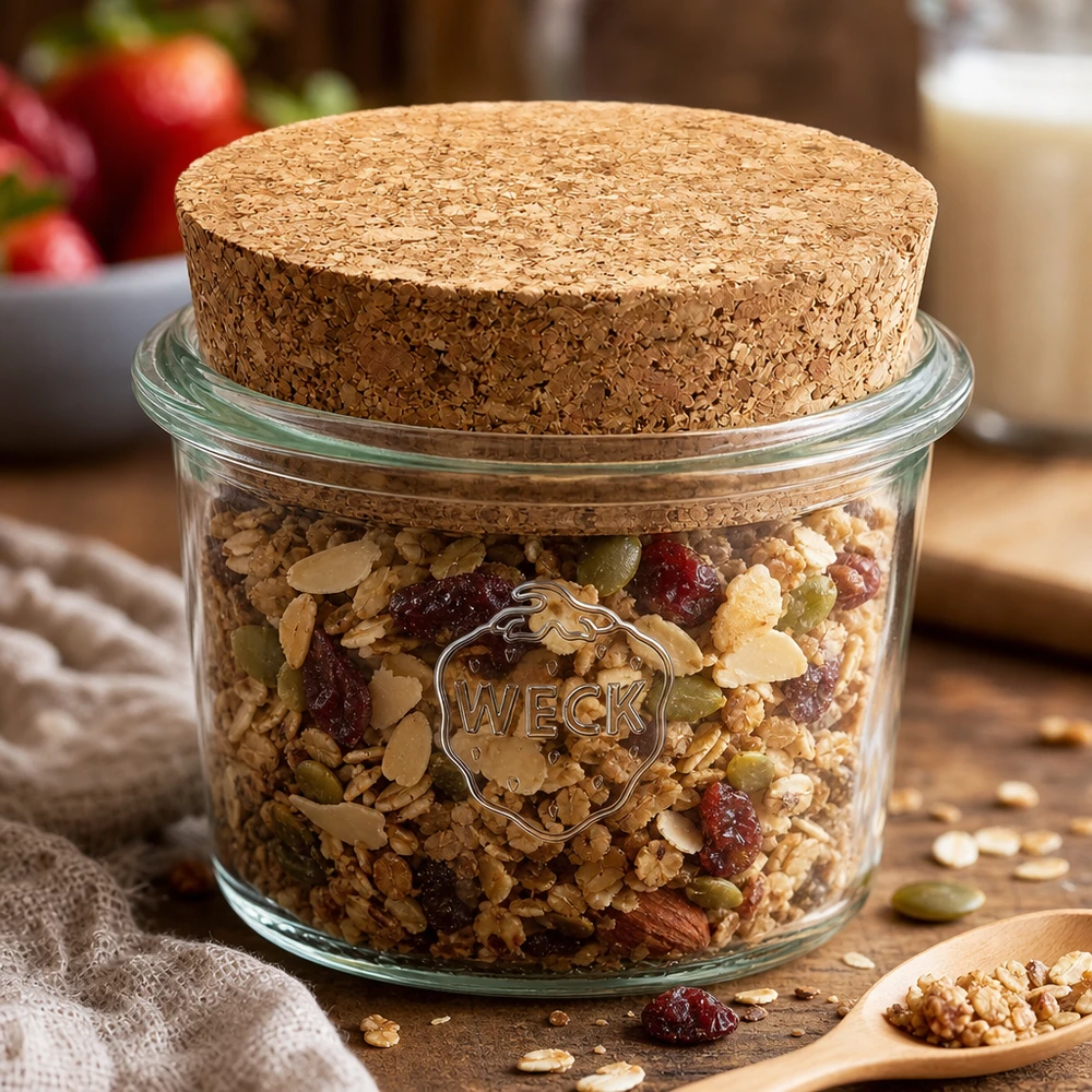 35ml bocal conique WECK RR40 avec bouchon nature WECK RR40 Verre renversé 35ml avec bouchon rempli de céréales, noix et fruits secs comme bocal de réserve dans la cuisine