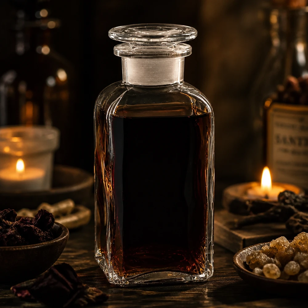 Bouteille carrée de 350 ml en verre transparent avec bouchon en verre, remplie d'un extrait d'herbes foncé