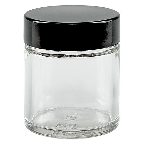 Pot en verre 30ml transparent, avec couvercle en bakélite noir Pot en verre 30ml transparent, avec couvercle en bakélite noir