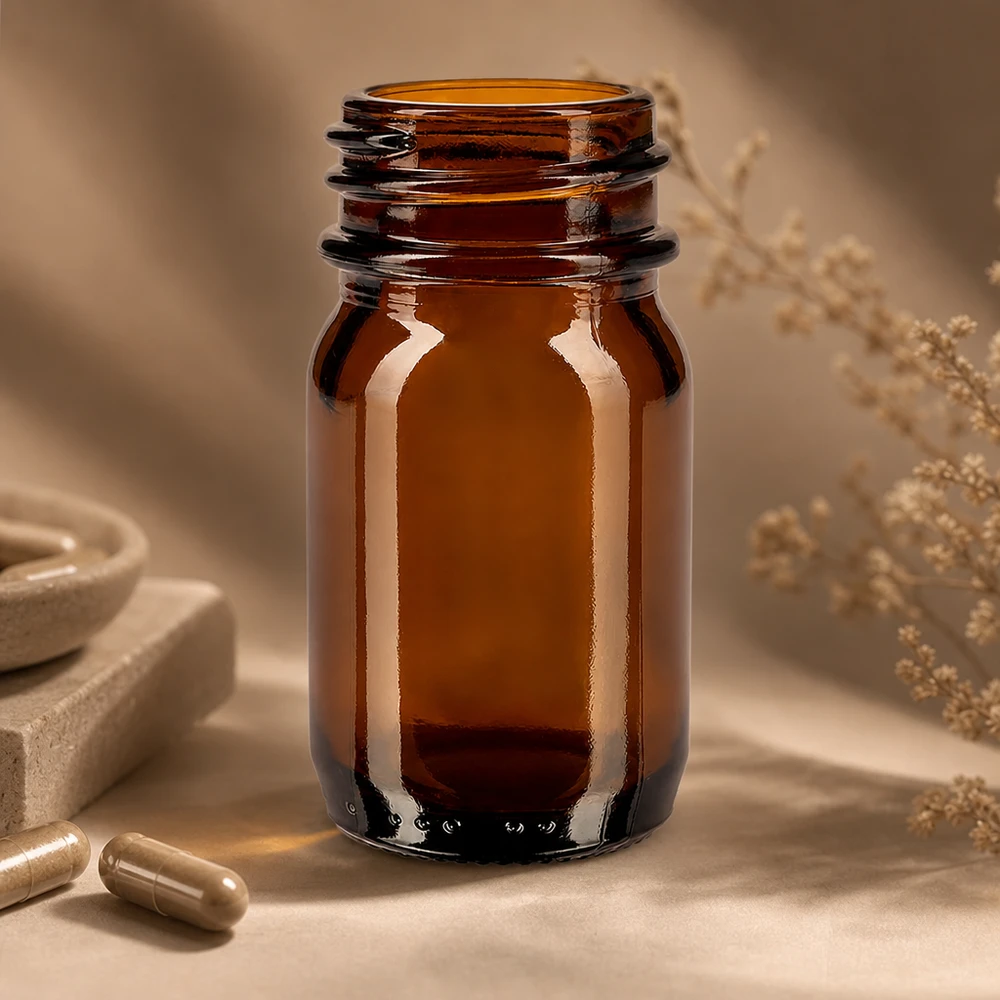 Bouteille en verre brun à col large de 30 ml avec ouverture large pour un remplissage facile