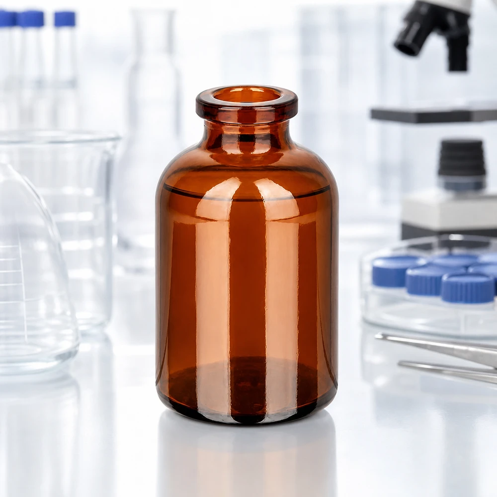 Flacon pour solution injectable, 30 ml en verre ambré Hochwertige Injektionsflasche 30ml aus braunem Glas mit glattem Zylinderkörper und Rollrand
