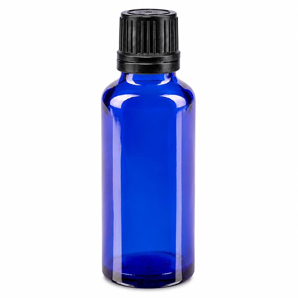 Flacon en verre bleu de 30 ml avec bouchon OV noir de 8 mm, destiné aux pharmacies et aux laboratoires