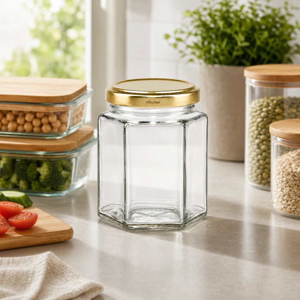196ml Verre hexagonal avec couvercle BioSeal or UNiTWIST Bocal à provisions vide UNiTWIST Hexa196 avec couvercle TO58 BioSeal Gold sur le plan de travail de la cuisine entre les récipients à provisions remplis.