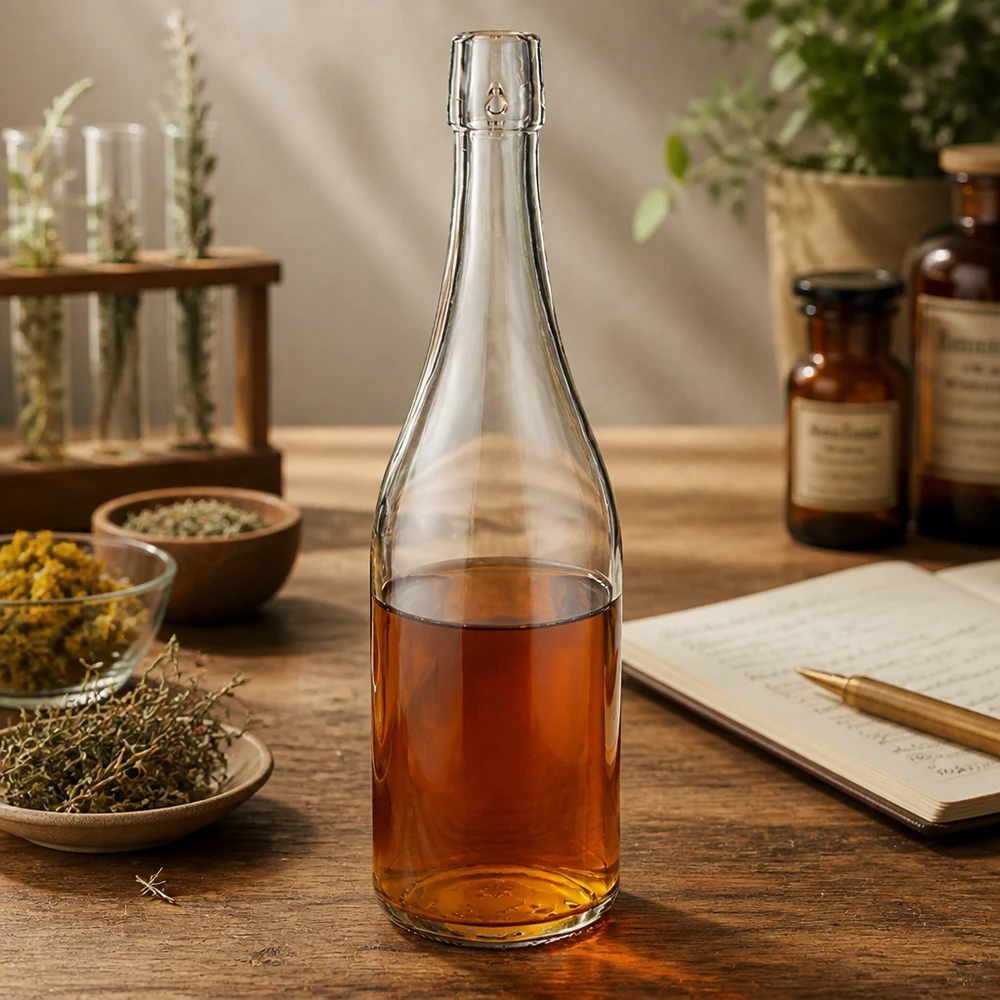 Bouteille en verre de 750 ml sans bouchon mécanique UNiTWIST 750ml UNiTWIST Bouteille en verre remplie de tisane Ambiance pharmacien herbes médicinales séchées Carnet de recettes