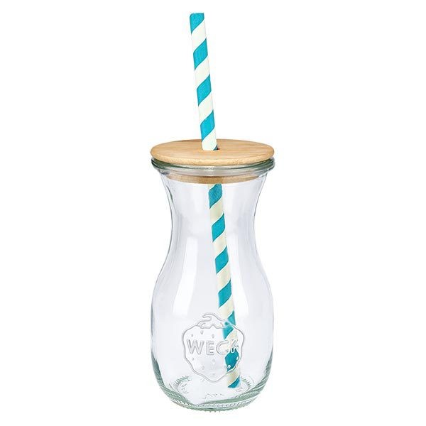 WECK Bouteille en verre 290ml avec couvercle en bambou et paille en papier turquoise et blanche Vue unique Bouteille à boire
