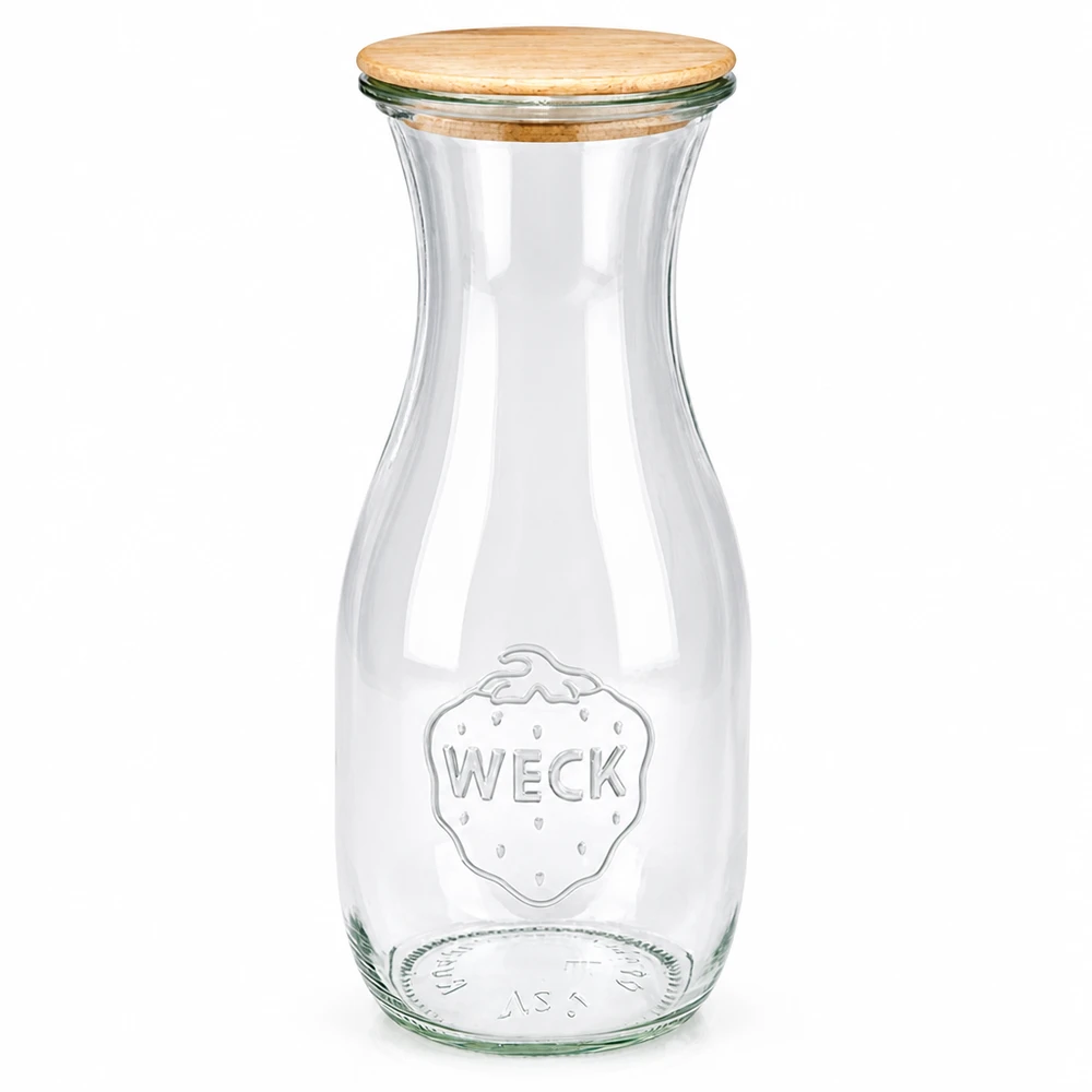 WECK Bouteille de jus de fruits 530ml en verre avec couvercle en bois RR60 Bocal pour jus de fruits et boissons transparent