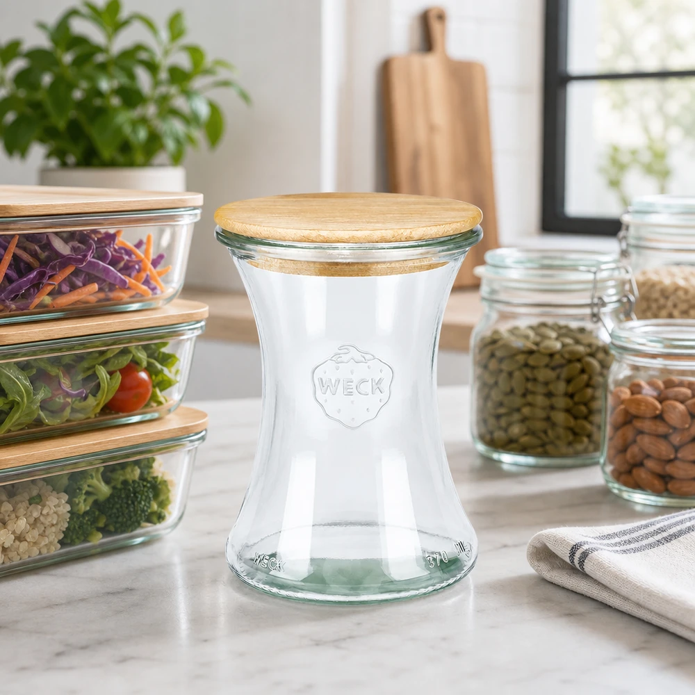 WECK Pot à délicatesse 370ml RR80 avec couvercle en bois dans la cuisine moderne à côté des bocaux à provisions et des récipients Meal-Prep