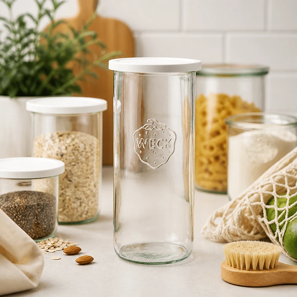1500ml bocal conique avec couvercle fraîcheur WECK RR100 WECK Verre renversé 1500ml RR100 dans une cuisine moderne avec des bocaux à provisions pour les pâtes et des produits écologiques durables