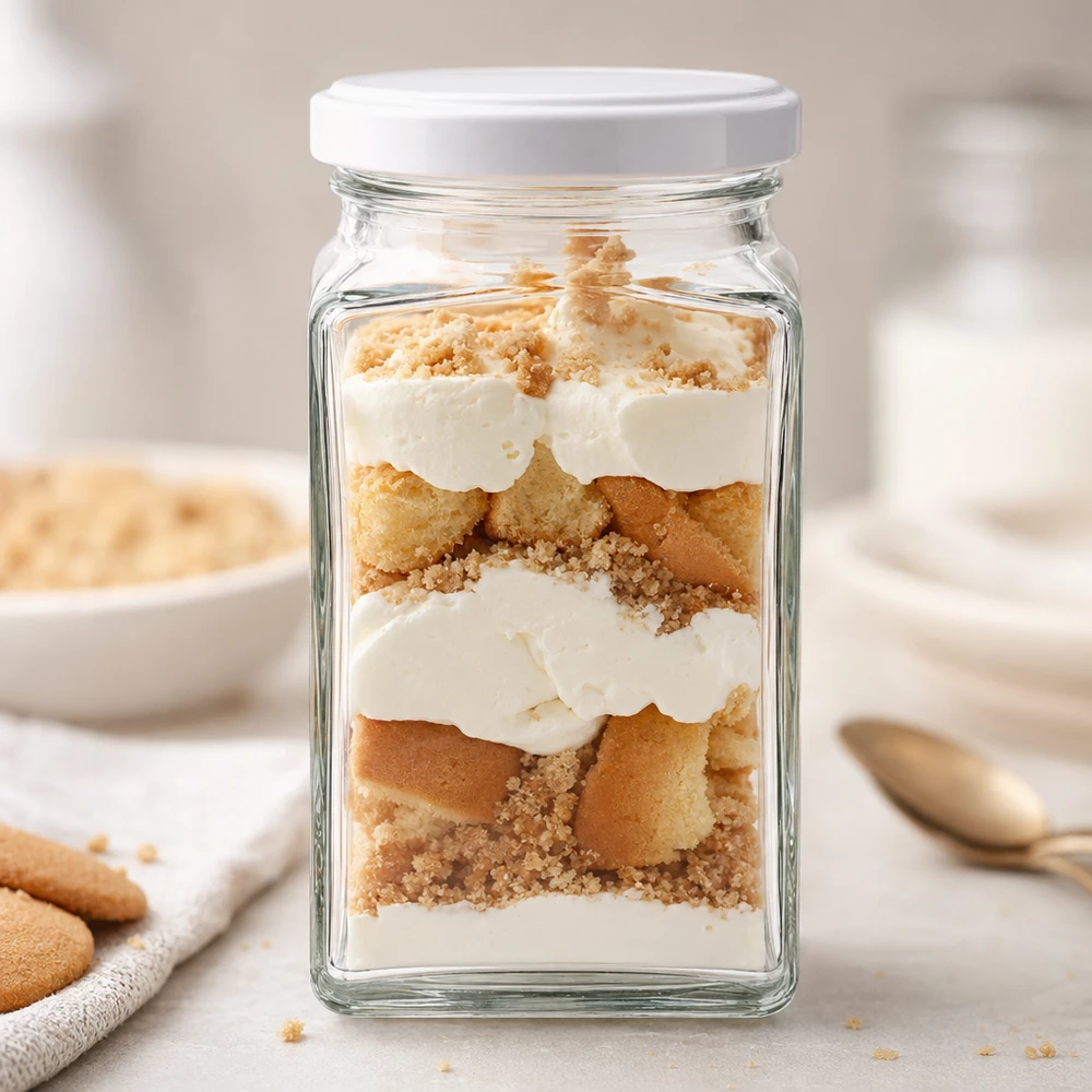 260ml Tetraglas BasicSeal blanc comme verre à dessert avec tiramisu dessert en couches rempli à côté de biscuits à la cuillère table de cuisine