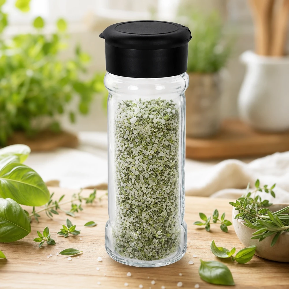 Sel aux herbes dans une saupoudreuse en verre transparent de 100 ml avec un couvercle en plastique noir, posée sur une surface en bois