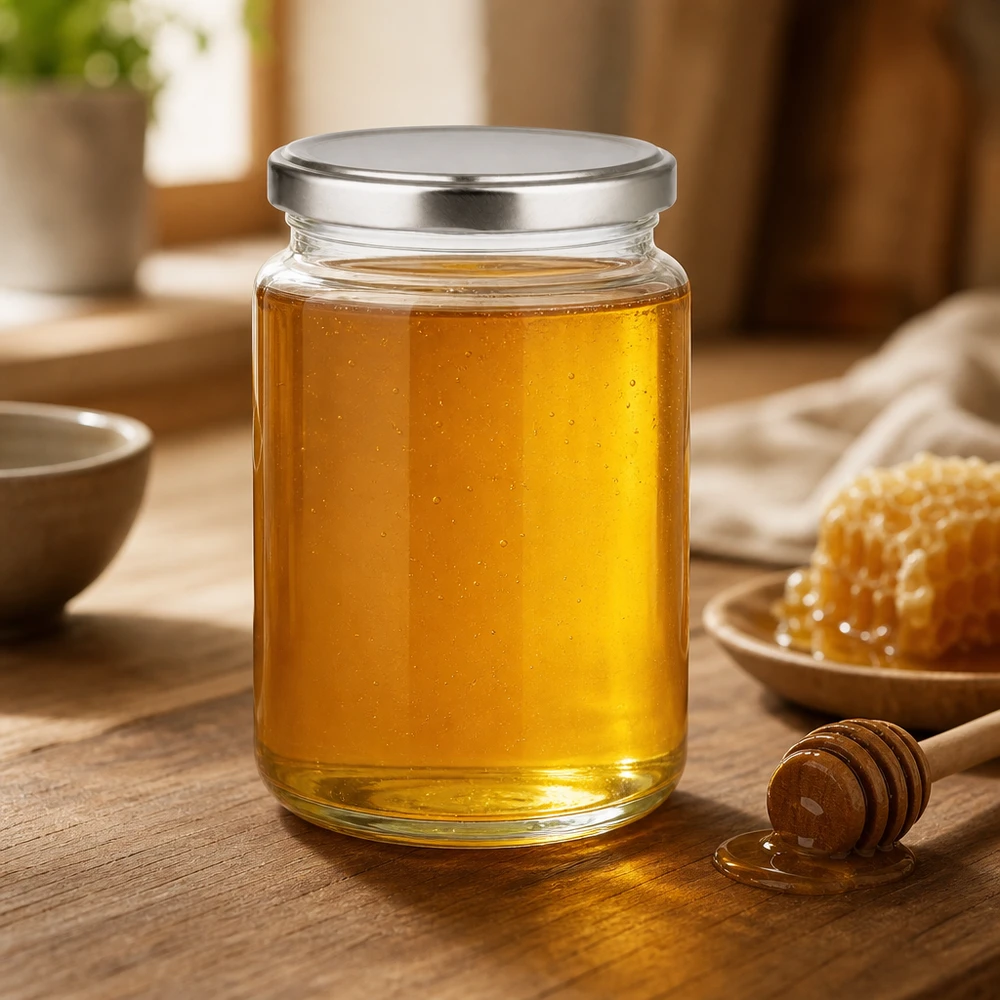382ml Verre rond avec couvercle BasicSeal argent UNiTWIST Pot rond de 382ml avec couvercle BasicSeal argenté rempli de miel Pot de miel Apiculture Dipper en bois Nid d'abeille naturellement sucré