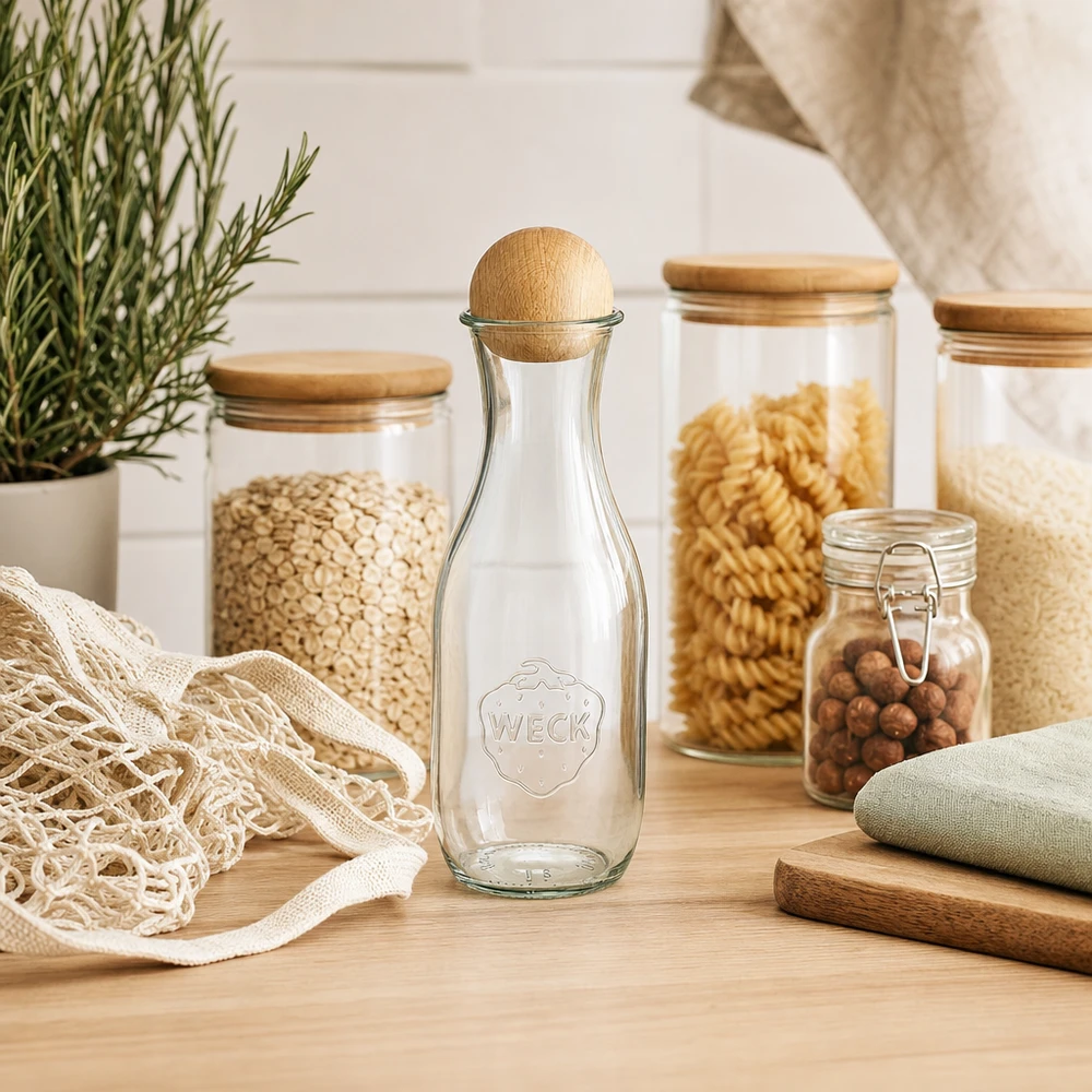 WECK Bouteille en verre 1062ml RR60 dans une cuisine durable avec bocaux à provisions Zero-Waste Sac en jute et plante de romarin