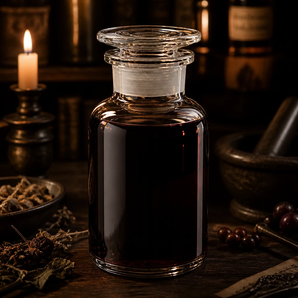 Flacon pharmaceutique 250 ml col large + bouchon verre clair Bouteille à épaules arrondies de 250 ml en verre transparent à col large, remplie d'un extrait rouge foncé, à la lueur des bougies