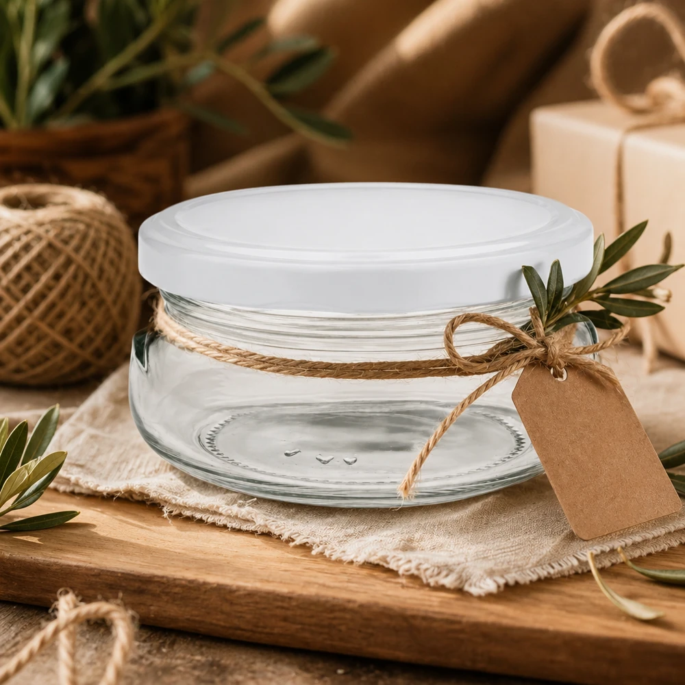 120ml Terrinenglas mit BasicSeal Deckel dekorativ mit Jute-Band und Geschenkanhänger auf Holztablett arrangiert