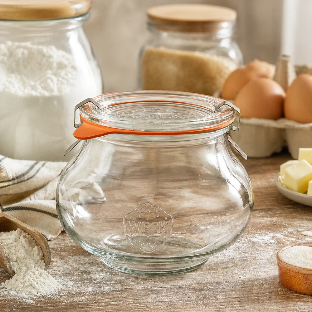 WECK Pot à bijoux 560ml RR80 dans une cuisine rustique avec des ingrédients de boulangerie, de la farine et des œufs, parfait pour l'organisation de la cuisine