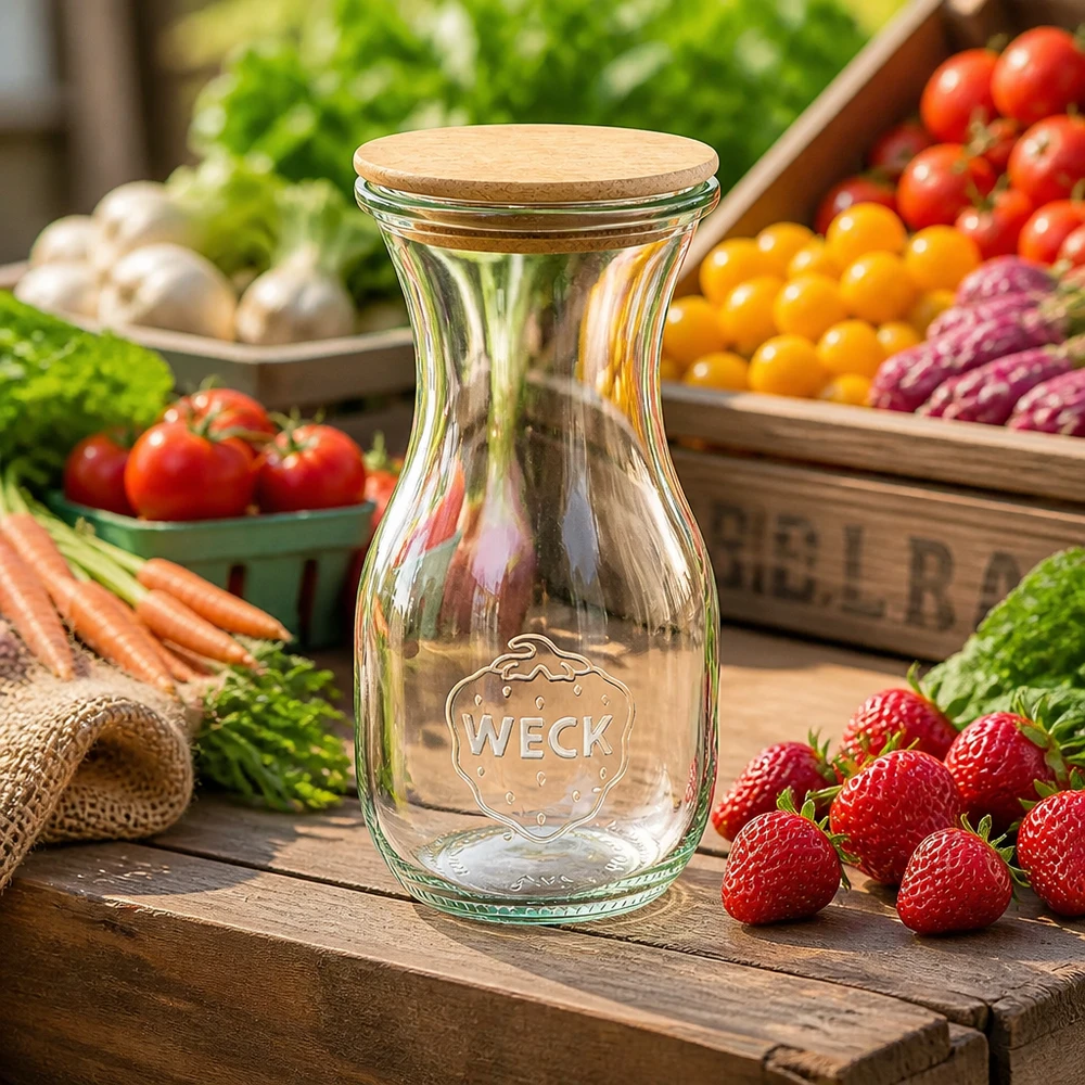 WECK Bouteille en verre de 290 ml avec bouchon en liège entre des légumes et des fruits frais sur une table en bois rustique