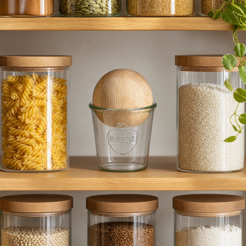 580ml bocal conique WECK RR100 avec boule en bois en hêtre WECK Bocal RR100 580ml avec boule en bois de hêtre dans une cuisine de réserve moderne entre les pâtes et le riz sur une étagère en bois