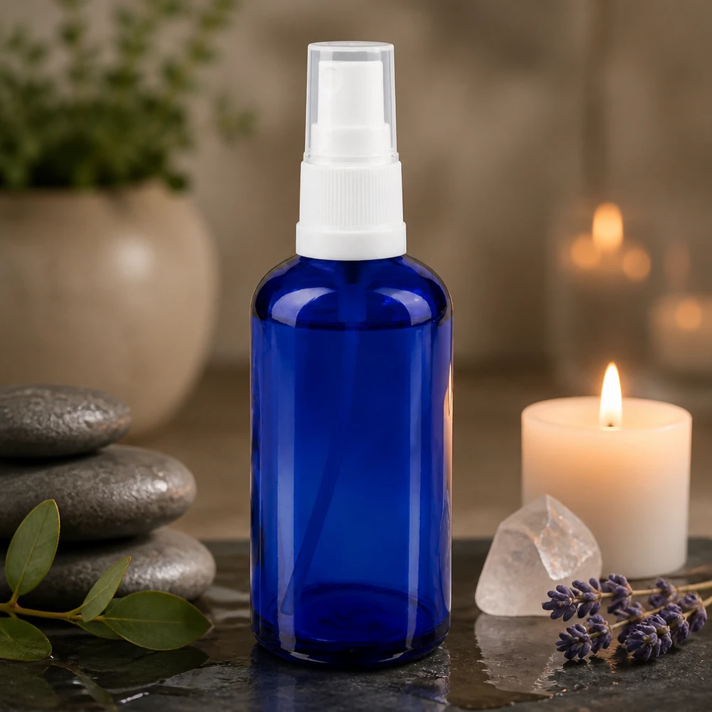 Flacon de pharmacie bleu 50ml embout spray blanc Flacon vaporisateur en verre d'apothicaire de 50 ml, bleu cobalt, avec des bougies à la lavande et des cristaux