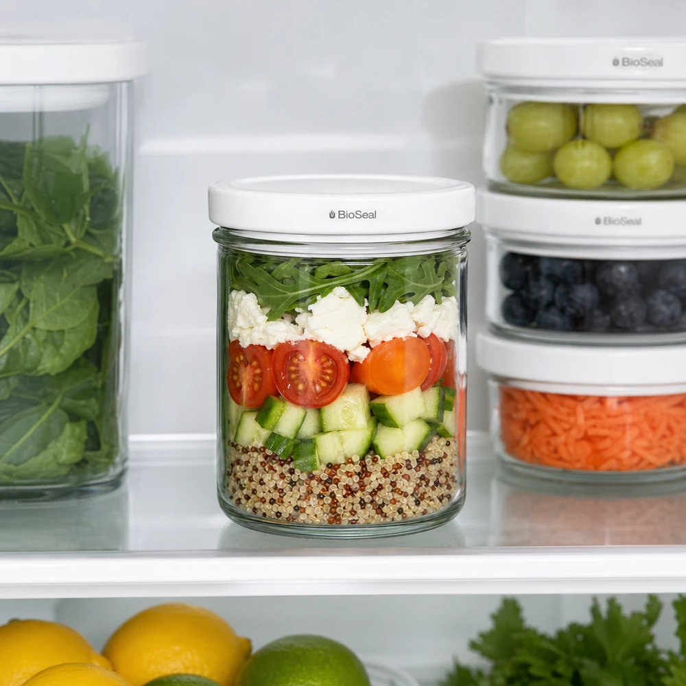 167ml Verre conique avec couvercle BioSeal blanc UNiTWIST UNiTWIST 167ml Bocal en verre pour réfrigérateur Organisation Meal Prep Salade en couches Couvercle BioSeal Conservation de la fraîcheur