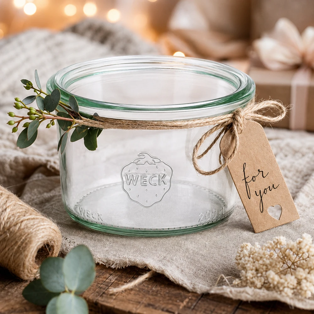WECK Pot renversé 200ml RR80 avec couvercle, décoré d'eucalyptus et d'une étiquette cadeau sur une table en bois rustique