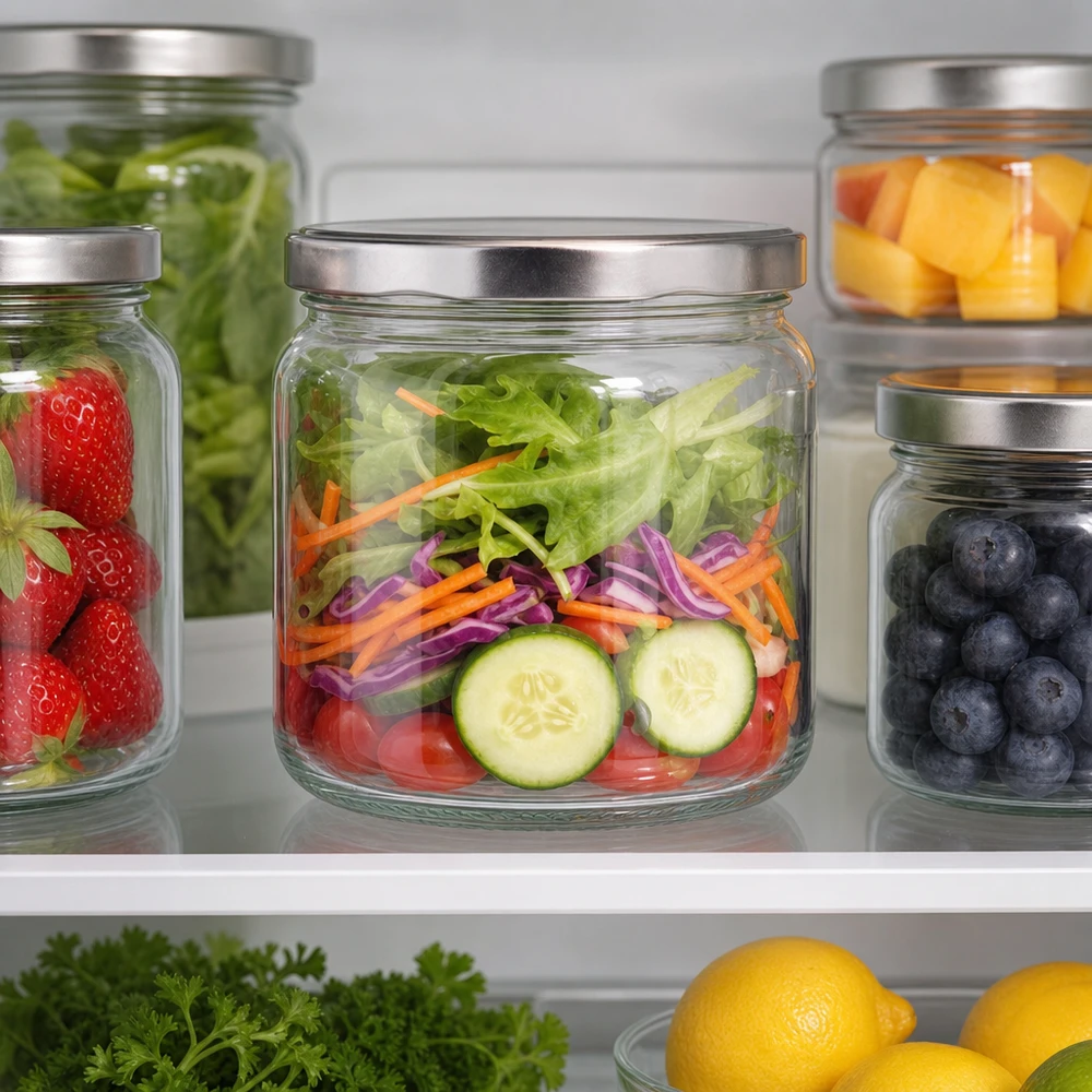 408ml Verre rond avec couvercle BasicSeal argent UNiTWIST 408ml verre rond BasicSeal argent dans le réfrigérateur rempli de salade Meal Prep Container Récipient de stockage cuisine