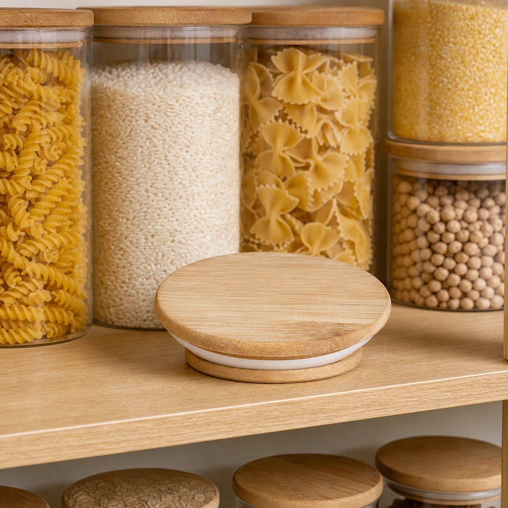 WECK Couvercle en bois RR60 dans un environnement de cuisine pratique entre les bocaux de stockage avec Pasta Rice et légumineuses