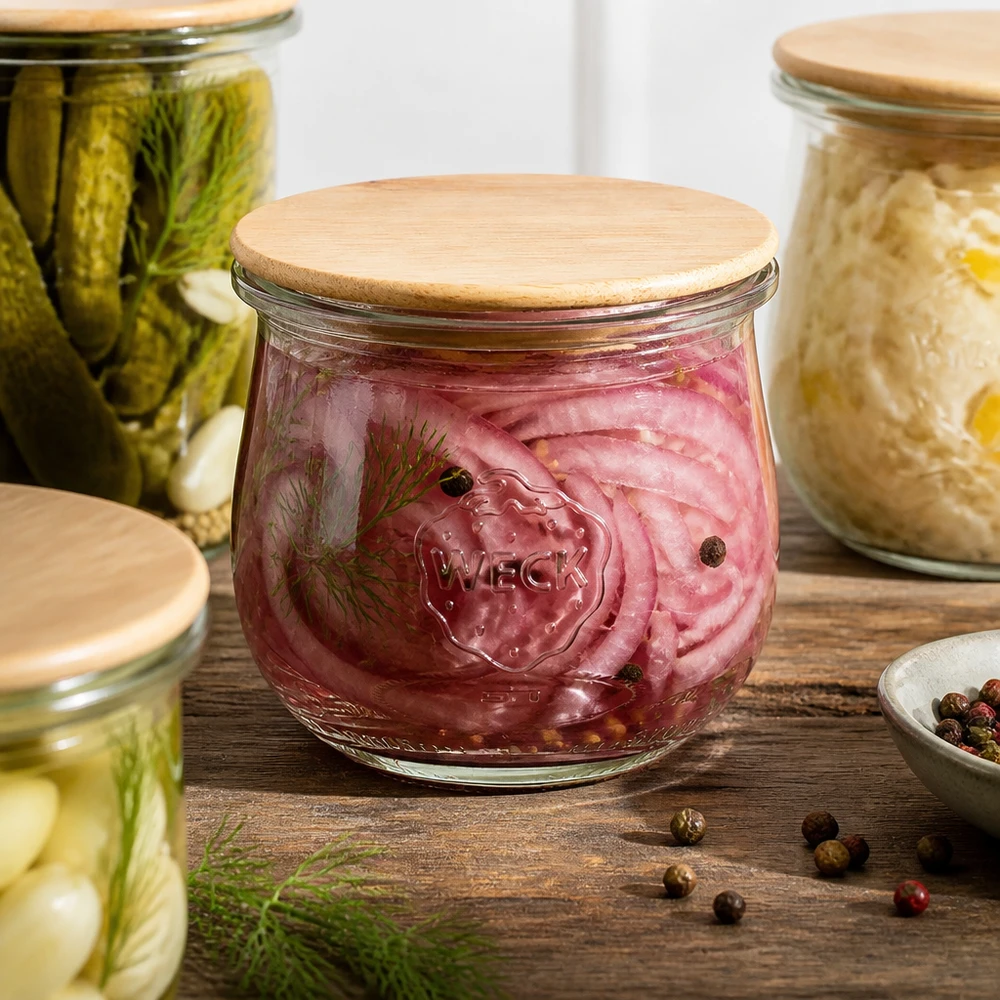 370ml bocal tulipe WECK RR80 avec couvercle en bois WECK Pot tulipe 370ml RR80 avec couvercle en bois pour oignons rouges marinés entre les pots à épices sur la table en bois