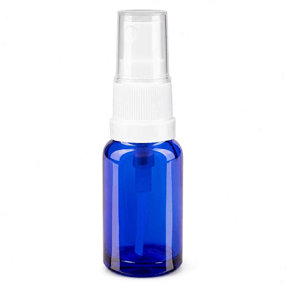 Flacon de pharmacie bleu 10ml embout spray blanc Flacon pulvérisateur en verre bleu de 10 ml avec vaporisateur blanc et bouchon de protection transparent, destiné aux pharmacies